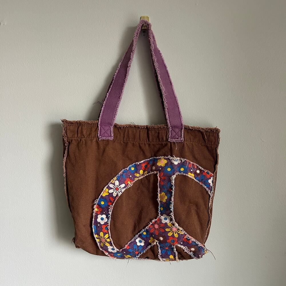 Brown Purple Peace Sign Flowers Raw Hem Canvas Shoulder Tote Bag Hobo Purse